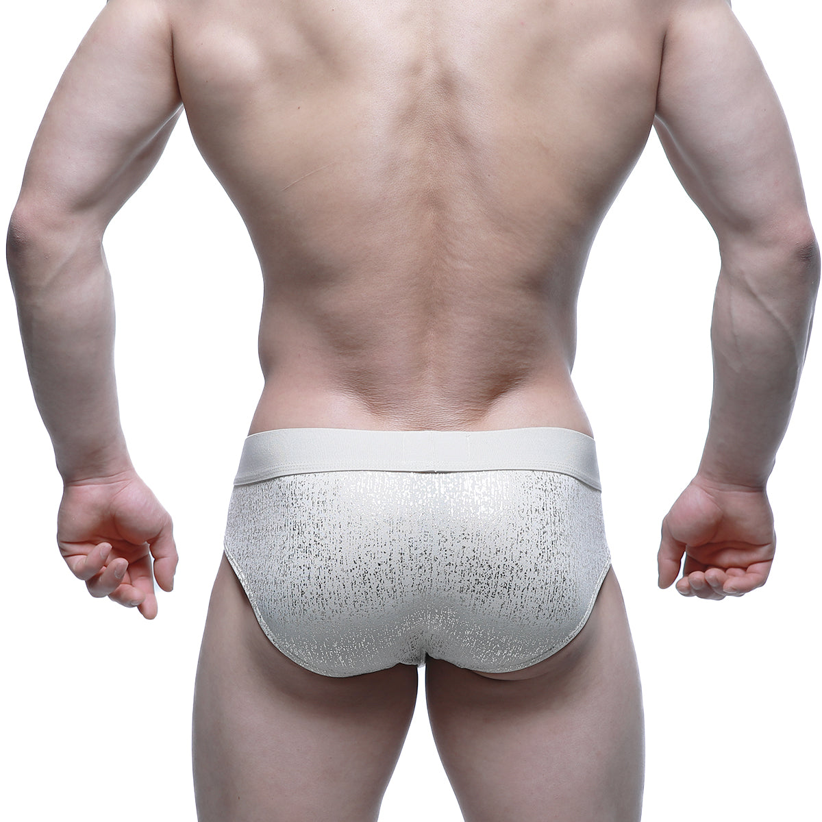 MetroMaleWear Gloria Brief 5003-57 silver glitter textured briefs with a solid light gray waistband front view