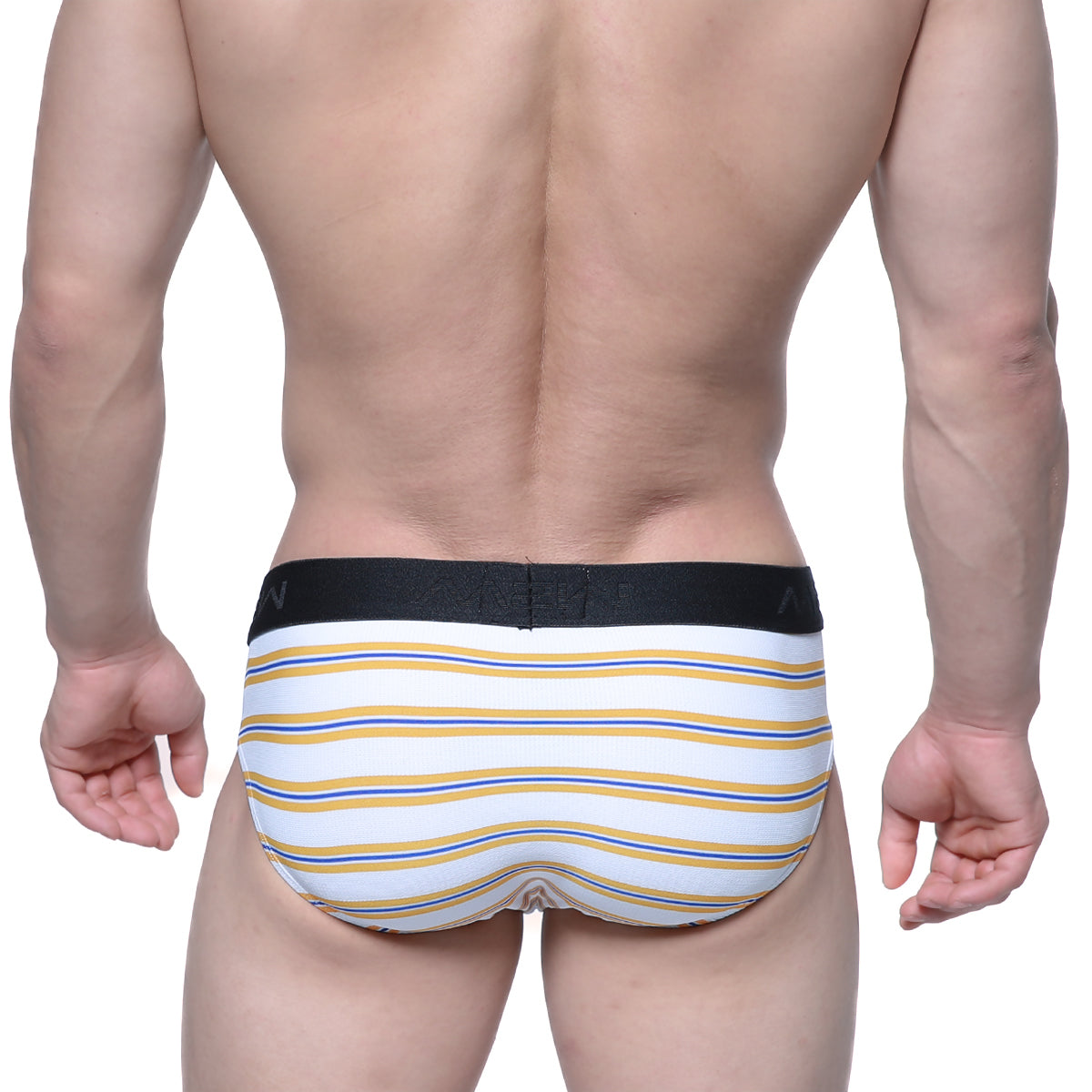 MetroMaleWear hip brief Valencia 5003-79 white with yellow and blue stripes and black elastic waistband