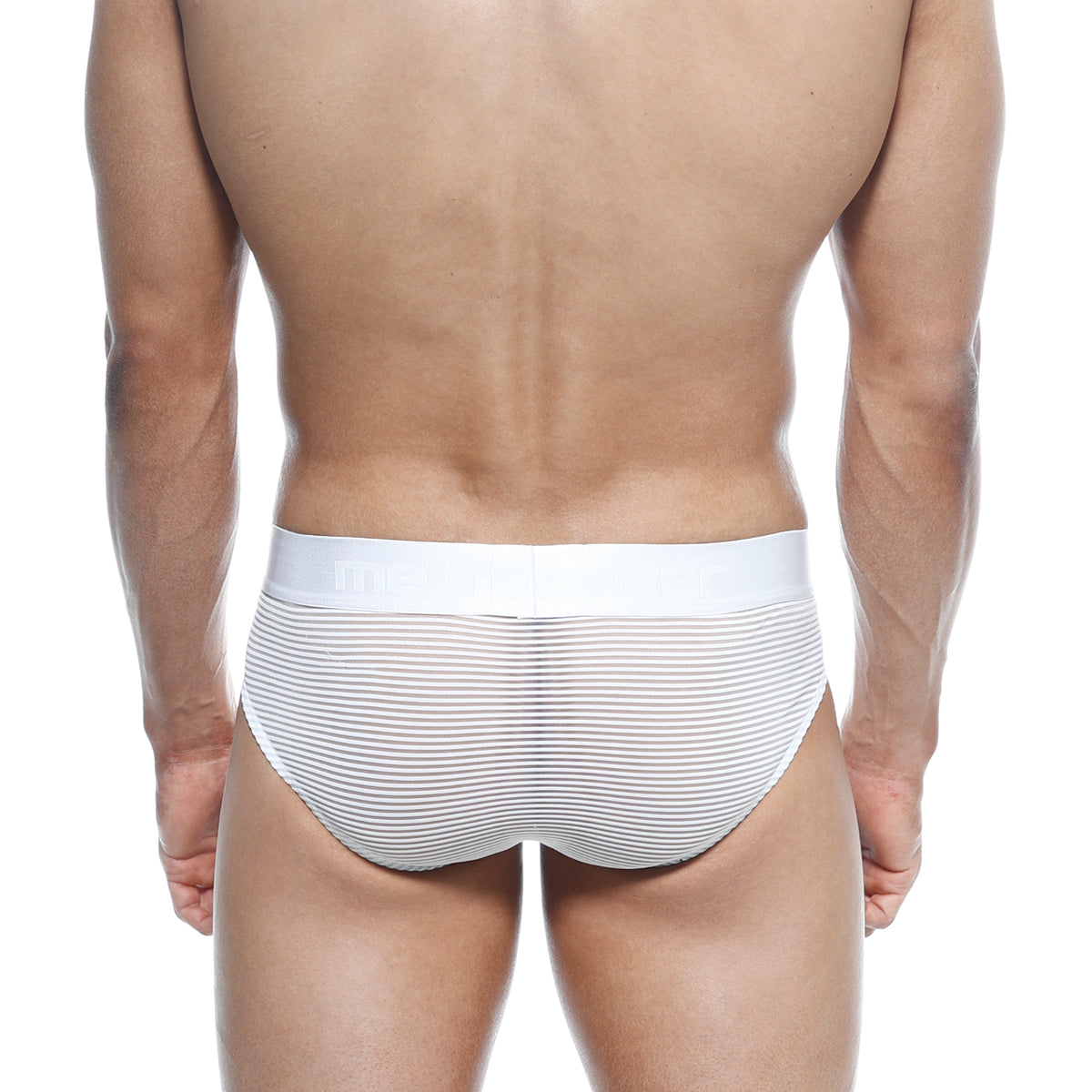 Metro male wear hip brief in white with white striped fabric and solid white waistband for comfortable support