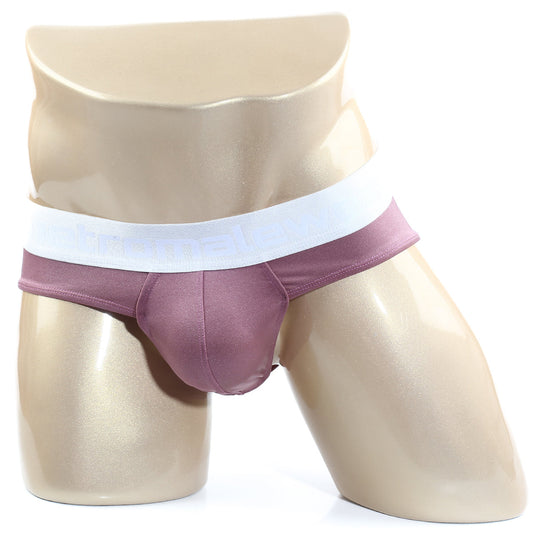Purple satin briefs with white elastic waistband from metromalewear spark brief pink 5006-02 collection