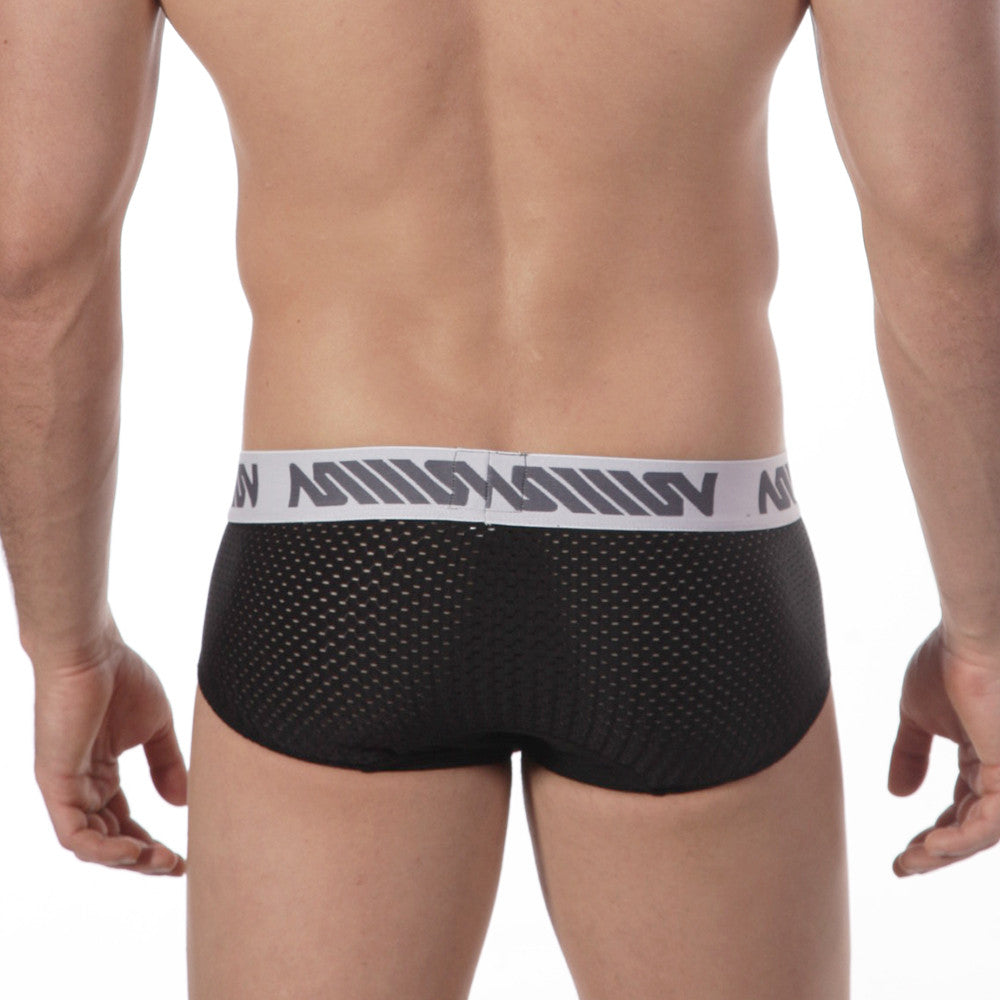 MetroMaleWear active mesh hip brief black with white elastic waistband and gray lettering in breathable mesh material