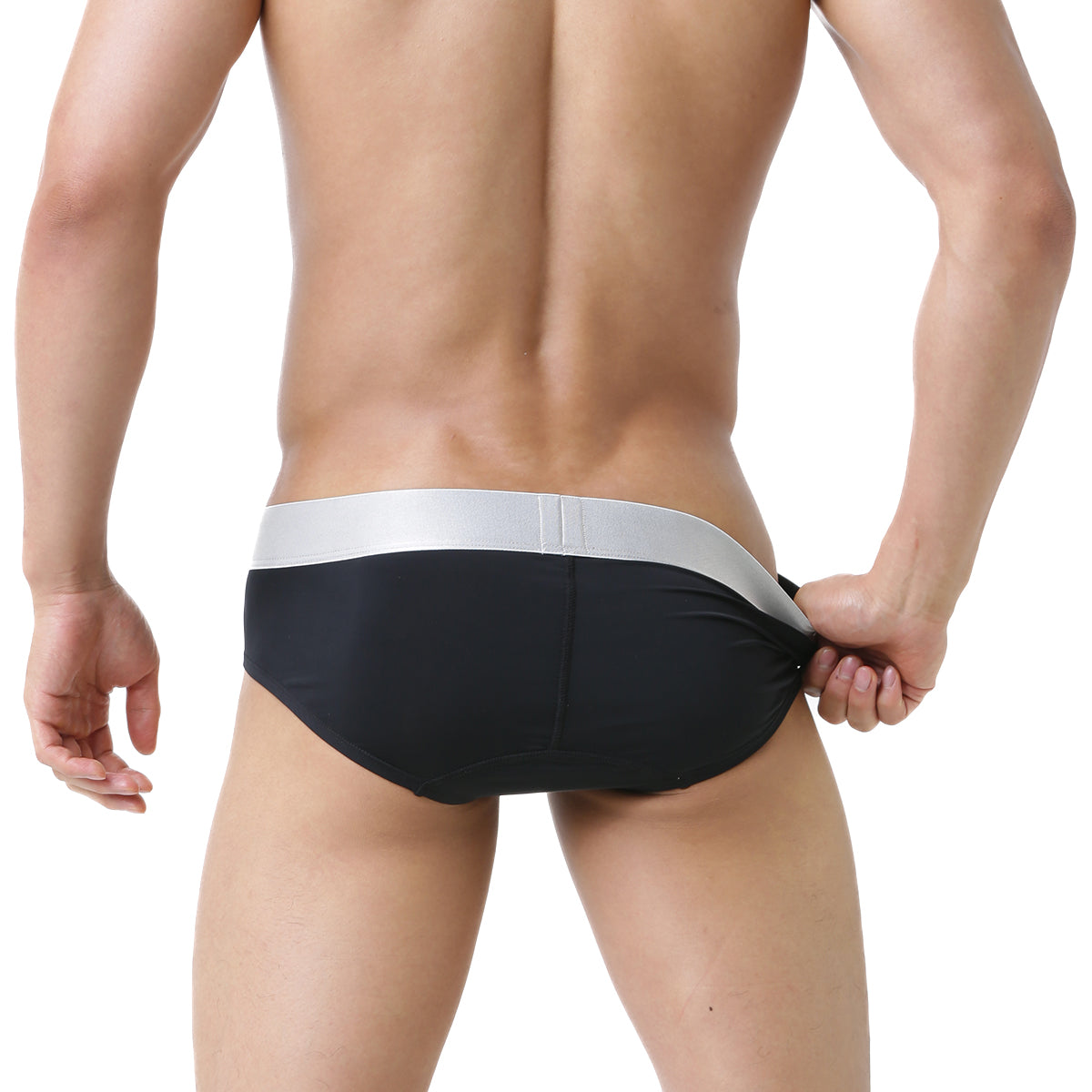MetroMaleWear basico brief black swim trunks featuring a sleek silver waistband for stylish comfort