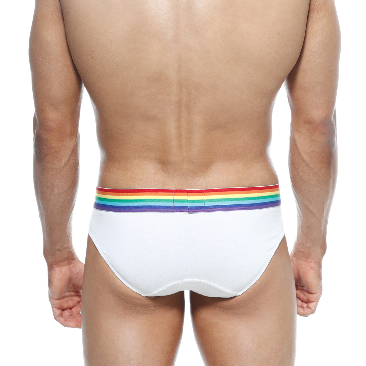 MetroMaleWear pride brief white 5006-R00 white briefs with vibrant rainbow stripe on waistband for pride celebration