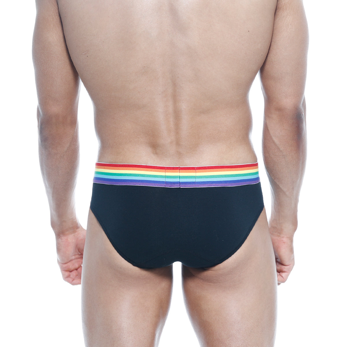 Black briefs MetroMaleWear Pride Brief 5006-R20 with vibrant rainbow stripe waistband for pride and comfort wear