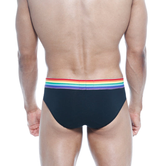 Black briefs MetroMaleWear Pride Brief 5006-R20 with vibrant rainbow stripe waistband for pride and comfort wear