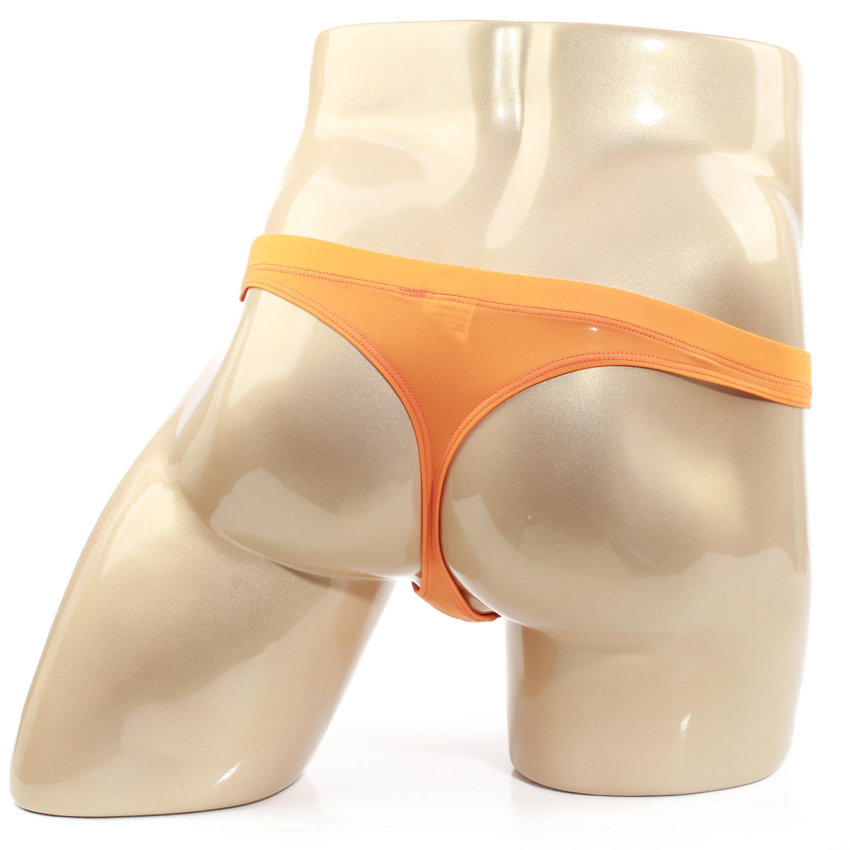 MetroMalewear tasman orange thong on a mannequin showing the front with breathable fabric and sleek design