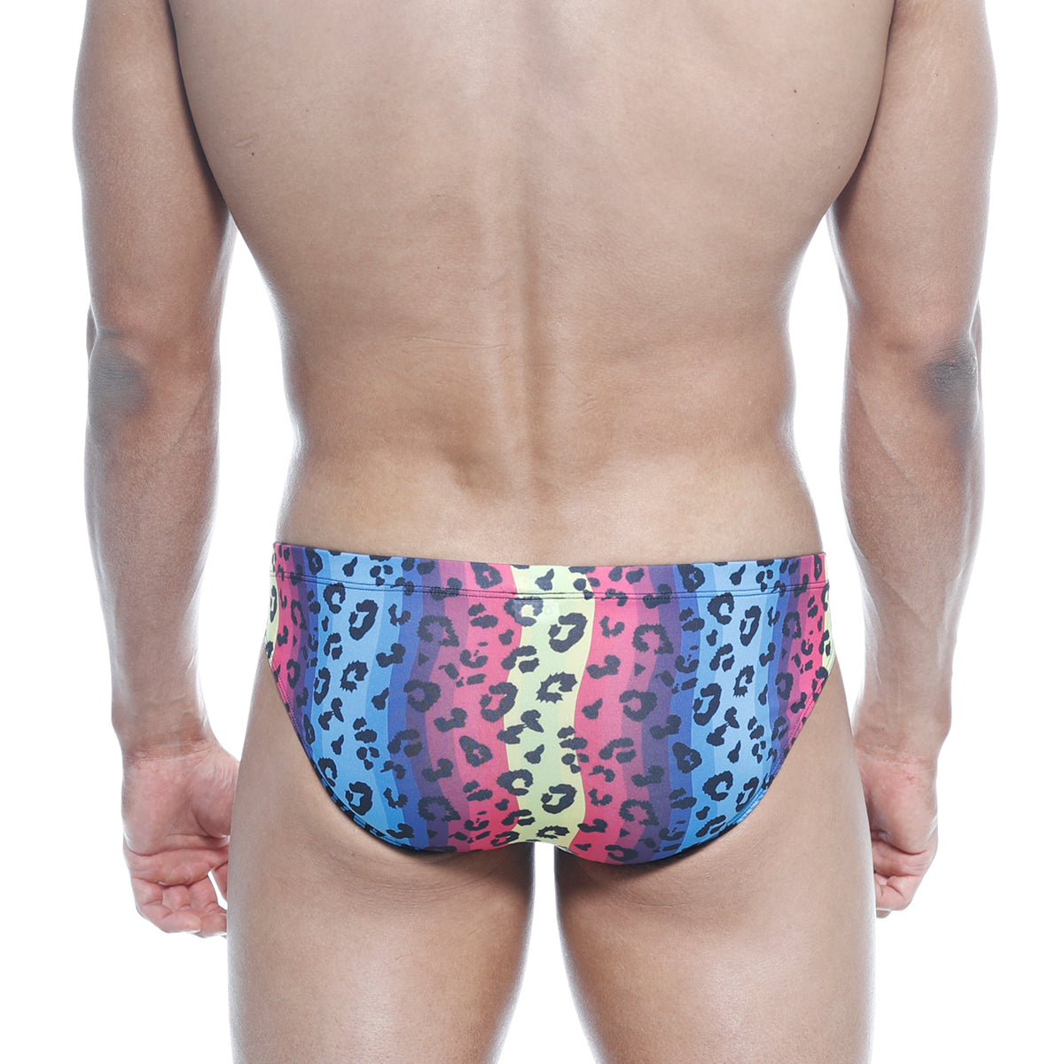 MetroMaleWear Vasco Hip Brief Neon 5103-05 vibrant rainbow-striped swim trunks with bold black leopard print pattern