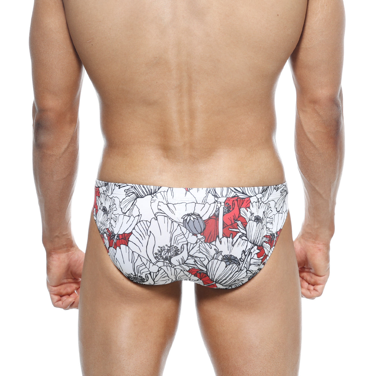 MetroMaleWear Vasco Hip Brief Escobar 5103-09 swim trunks with white and red poppy pattern and black outlines
