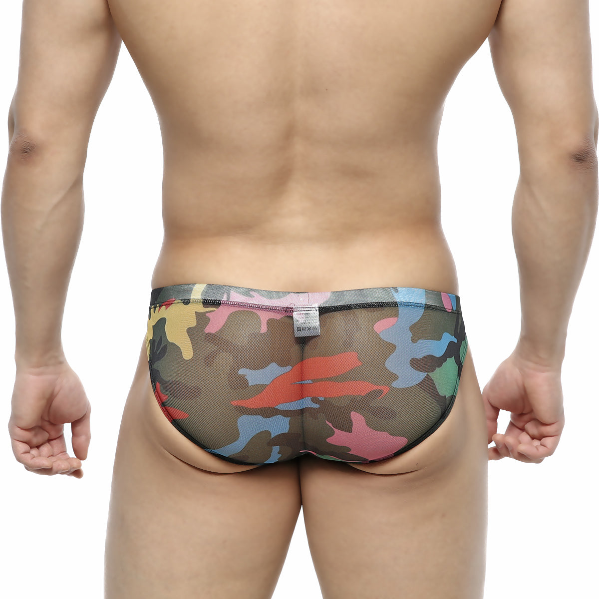MetroMalewear mixtos bikini 5103-24 multicolored camouflage mesh briefs with sheer fabric and bold red blue green yellow pink splotches
