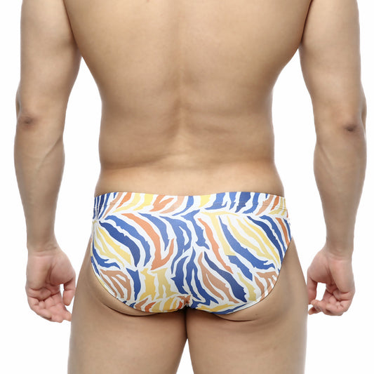 MetroMaleWear Zebra Bikini 5103-38 vibrant blue yellow and orange zebra-striped swim trunks with bold pattern