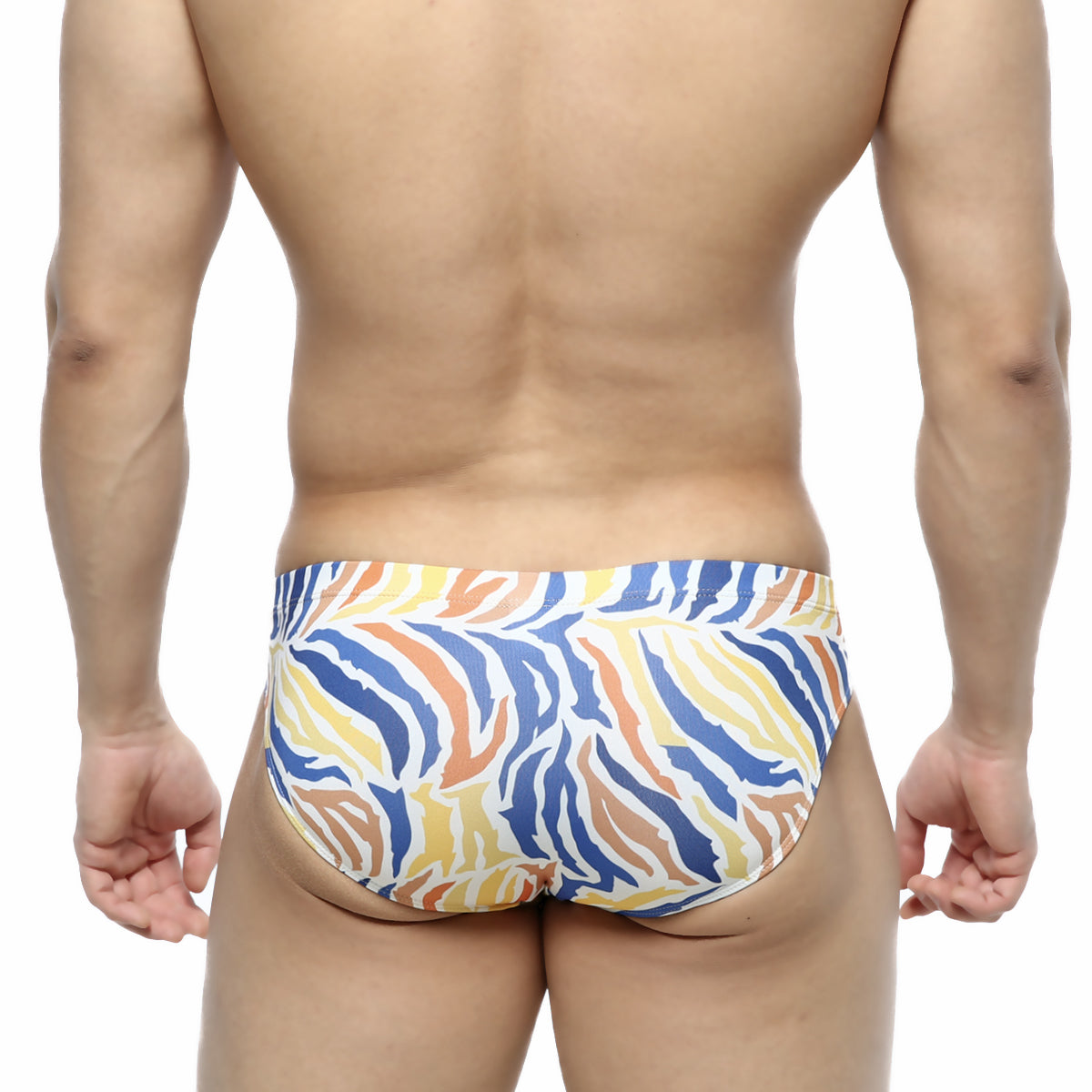 MetroMaleWear Zebra Bikini 5103-38 vibrant blue yellow and orange zebra-striped swim trunks with bold pattern