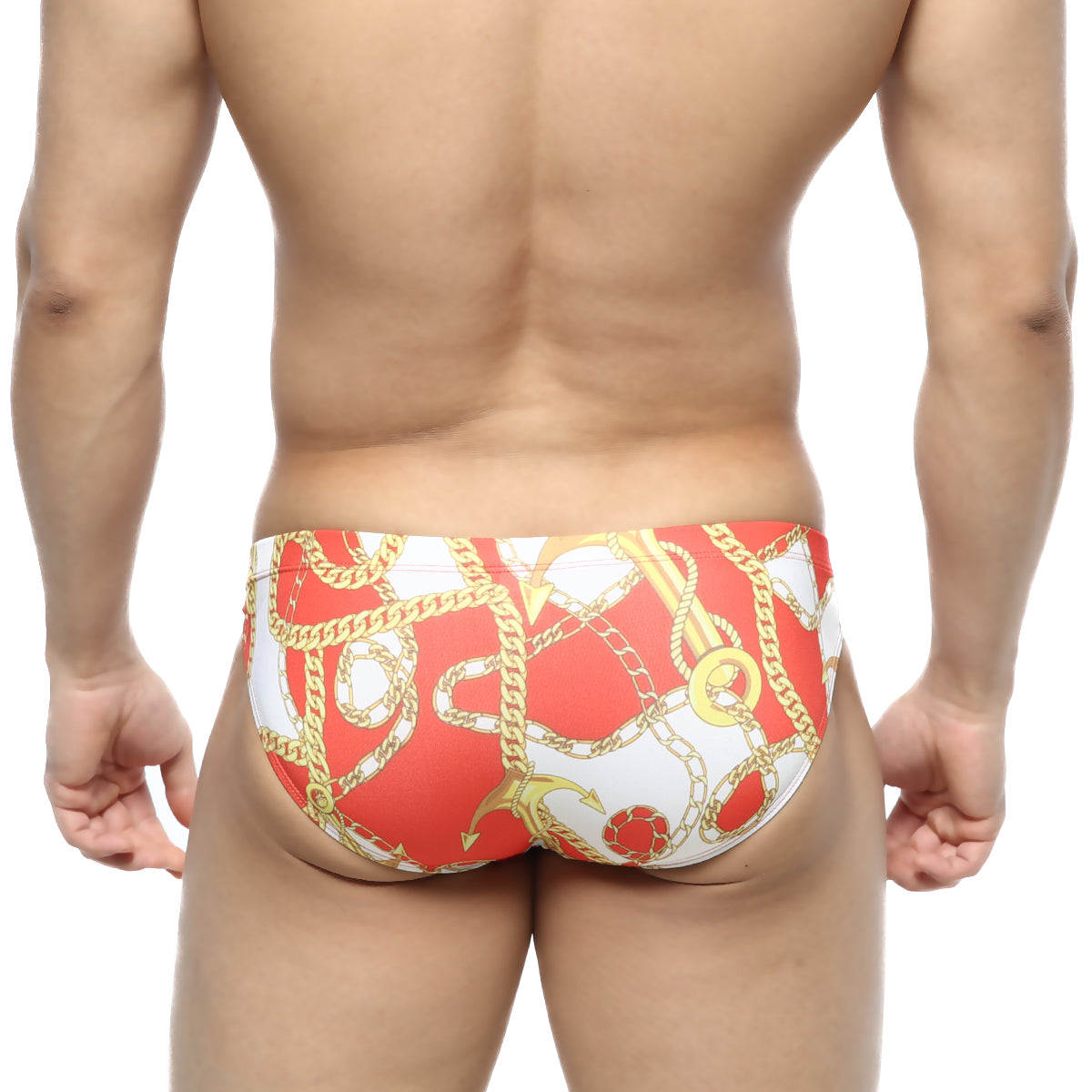 MetroMaleWear Lujo bikini red swim trunks with bold gold chain and anchor pattern for stylish beachwear