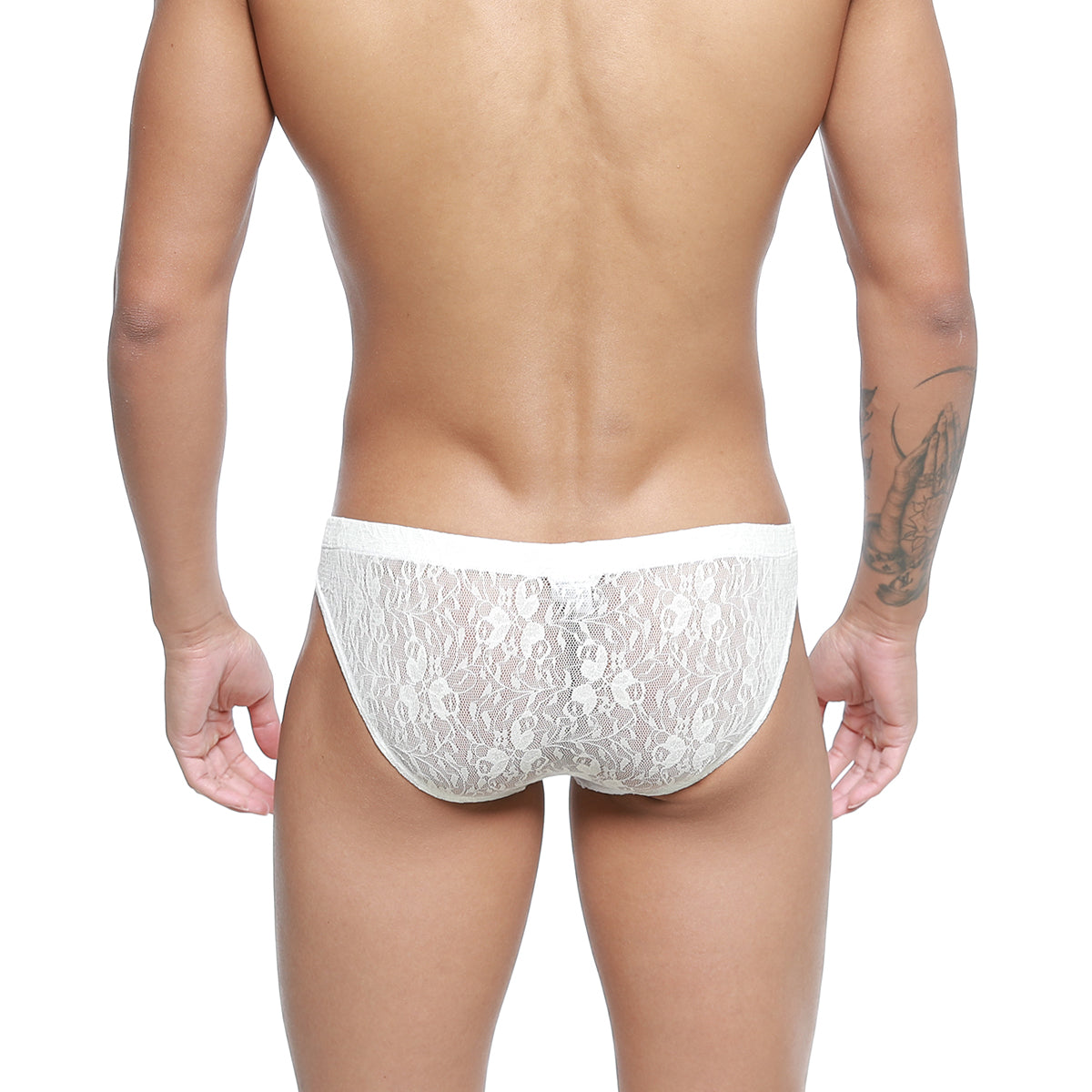 MetroMaleWear Bordado bikini ivory white lace briefs with delicate floral pattern and solid white waistband