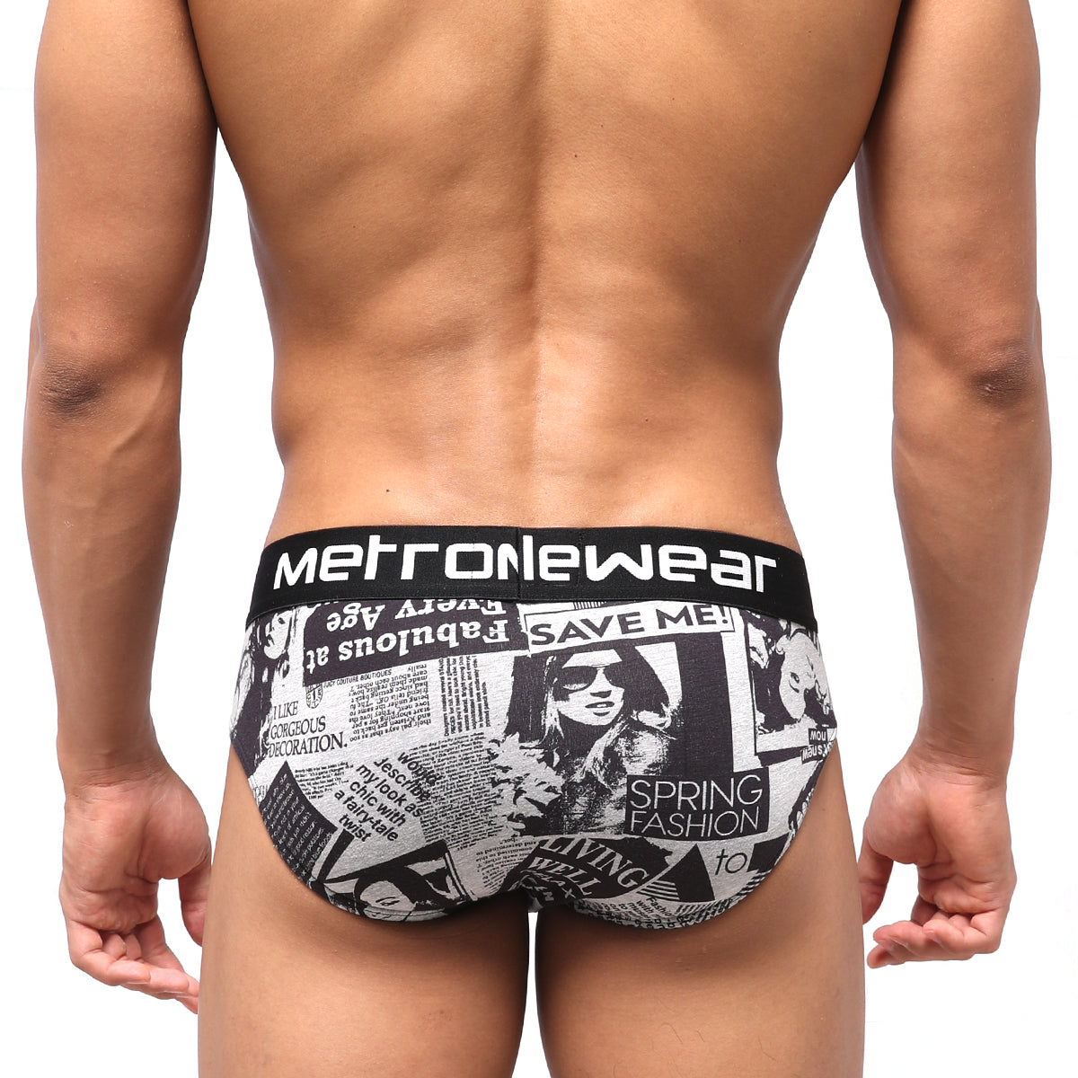 MetroMalewear highcut hip brief in black and white newspaper print with bold metrowear waistband