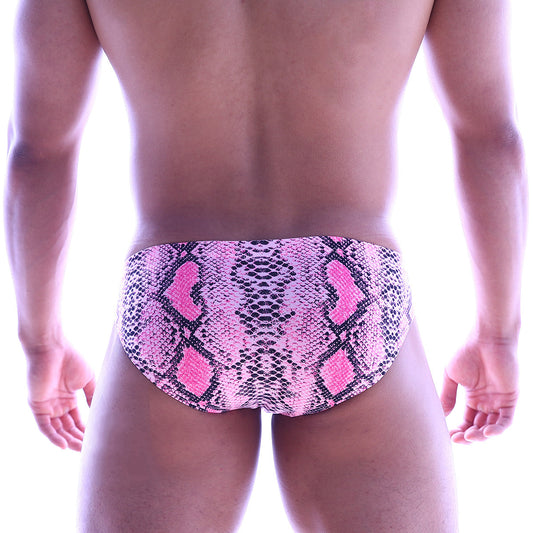 MetroMaleWear Vasco hip brief swim trunks in pink snake skin pattern featuring a sleek fitted design