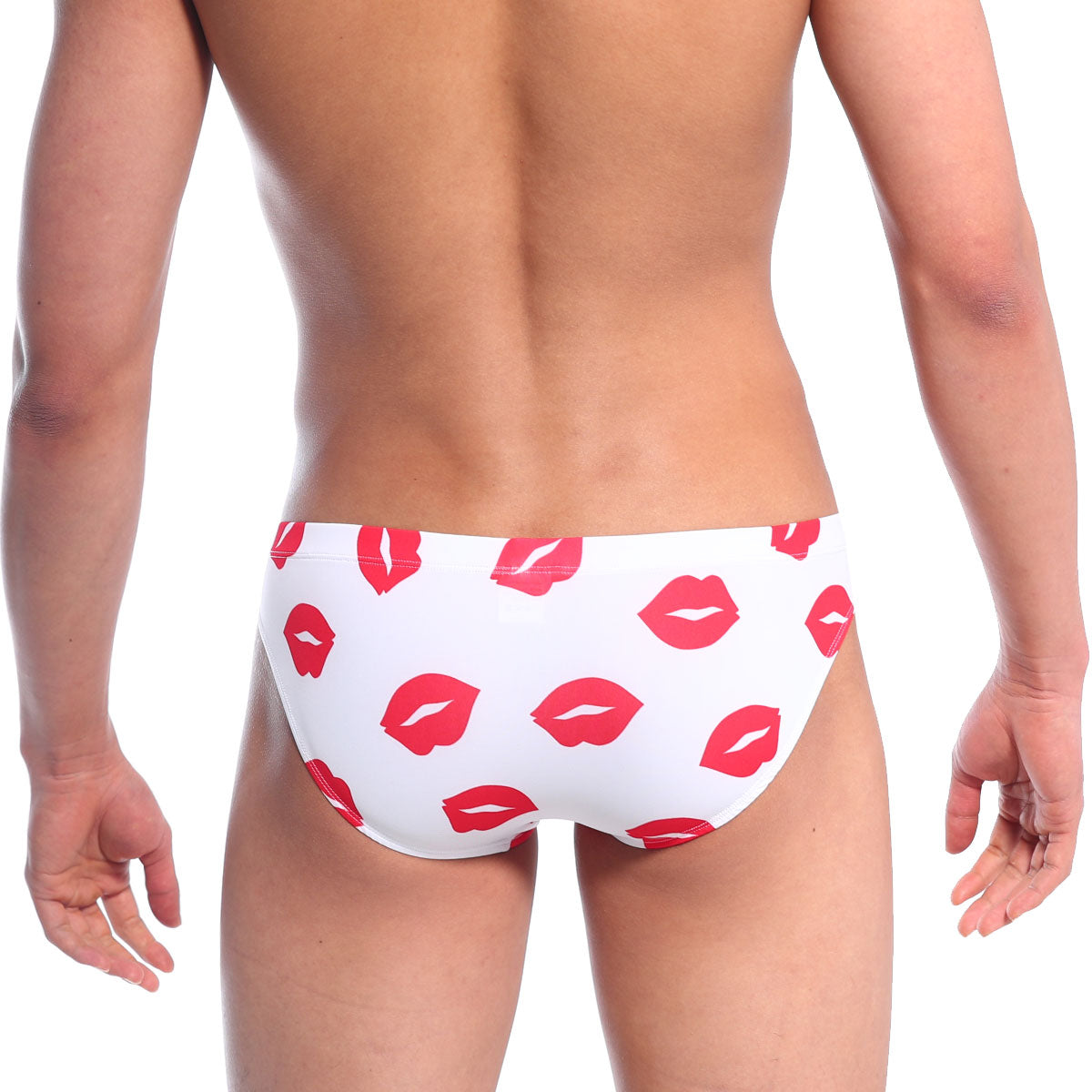 White swim trunks with red lipstick kiss mark pattern metro male wear vasco hip brief kiss white 5103-66