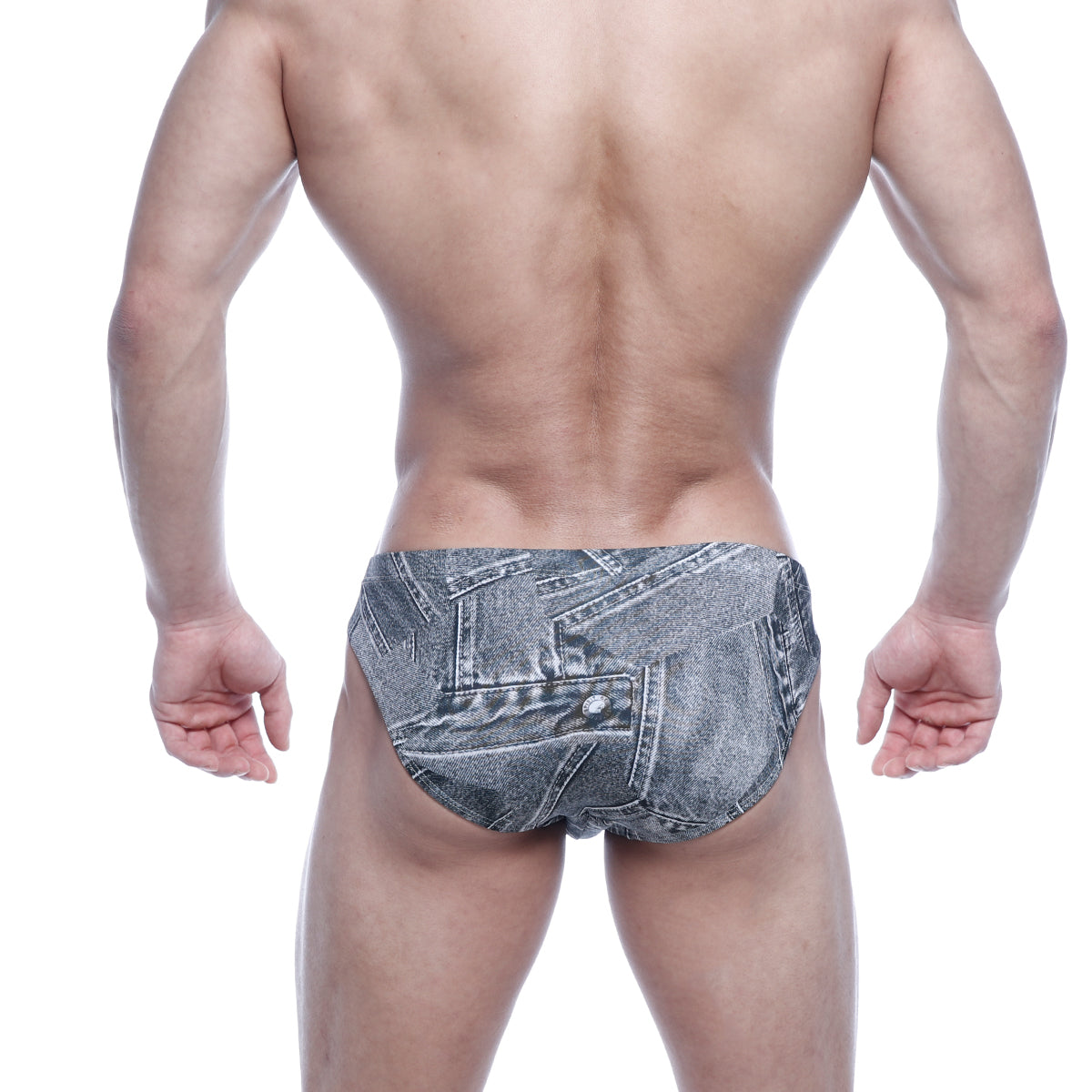 MetroMaleWear Vasco hip brief in gray denim with a patchwork design in gray denim pattern fabric