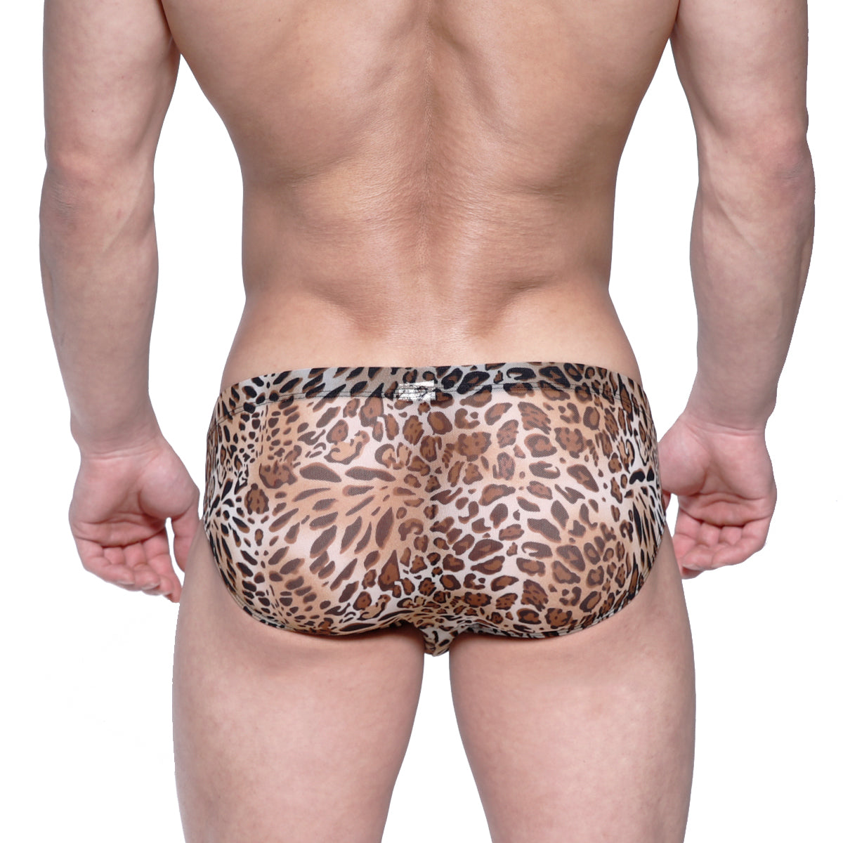 MetroMaleWear Vasco hip brief animal yellow leopard print sheer stretchy fabric swim trunks with brown and black spots