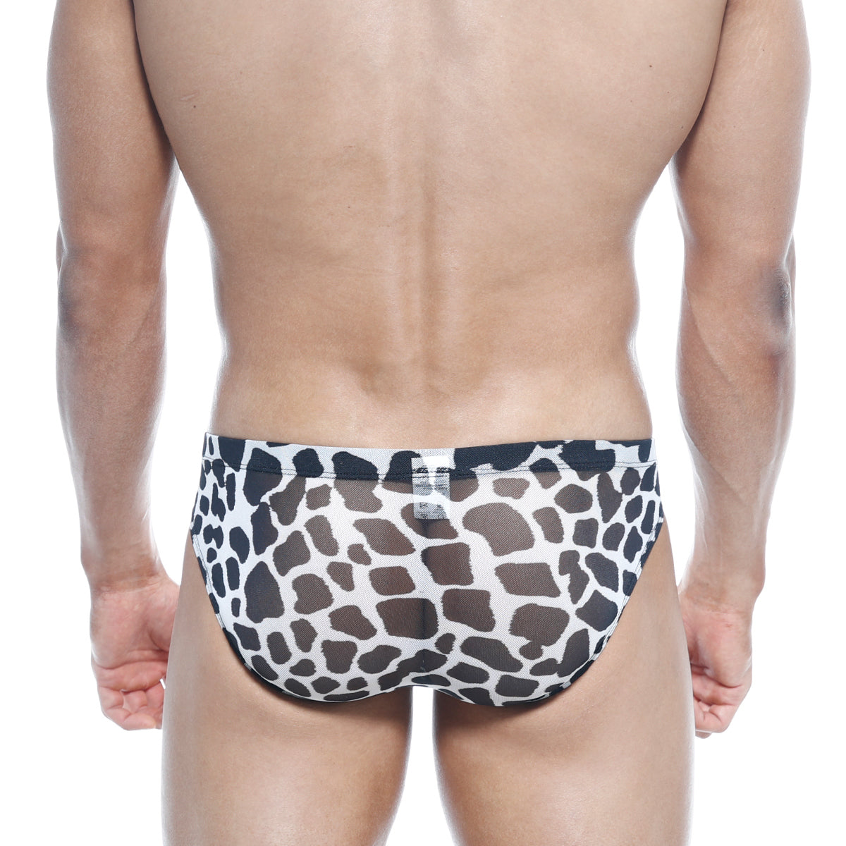 White briefs with black and brown giraffe print pattern metro malewear vasco hip brief dalmatian 5103-77 front view