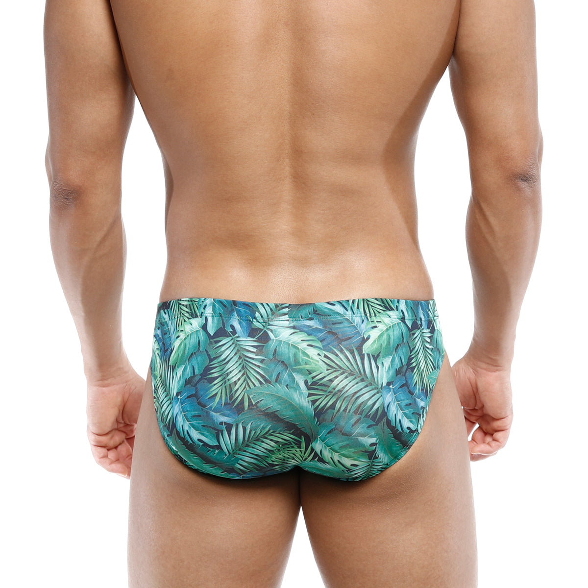 MetroMaleWear Vasco Hip Brief Jungle 5103-88 swim trunks with tropical leaf pattern in shades of teal and green