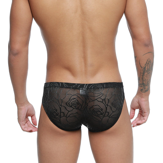Black lace briefs with intricate rose pattern from MetroMaleWear Rosa Bikini 5103-M31 front view