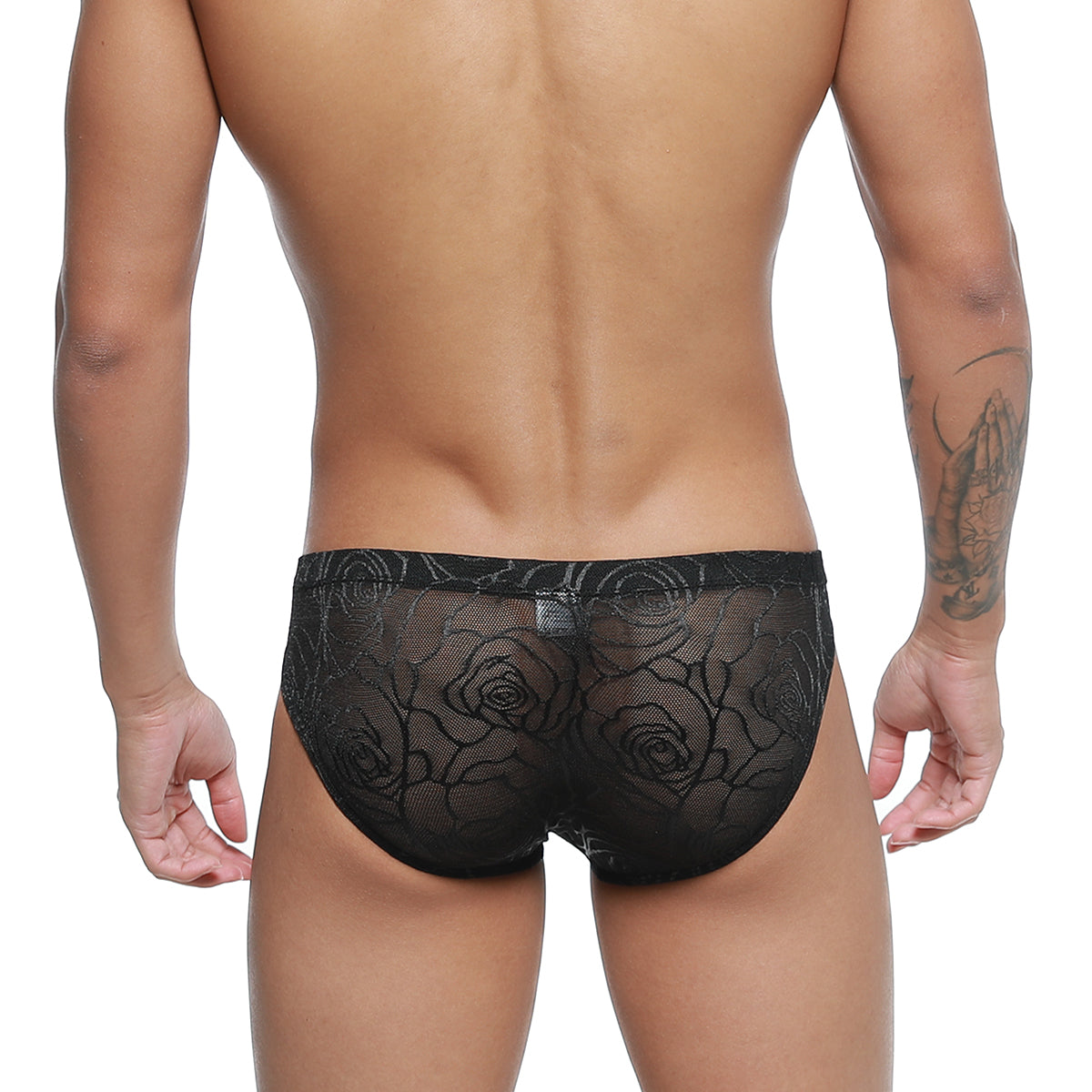 Black lace briefs with intricate rose pattern from MetroMaleWear Rosa Bikini 5103-M31 front view