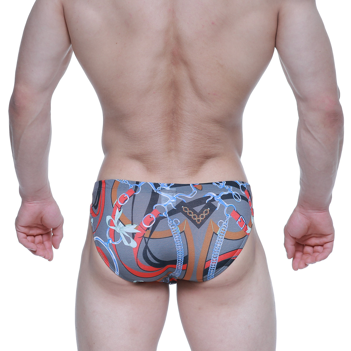 Gray swim trunks by metromalewear padu bikini 5103-m34 with bold red orange blue chain pattern and decorative bows