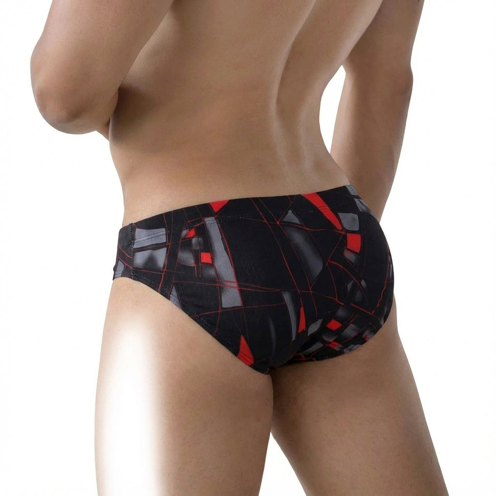 MetroMaleWear Espejo Bikini 5103-M35 black and red geometric-patterned men’s swim trunks for stylish beachwear
