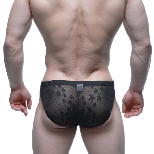 Metro male wear stardust bikini black 5103-m51 black star-patterned mesh briefs front view