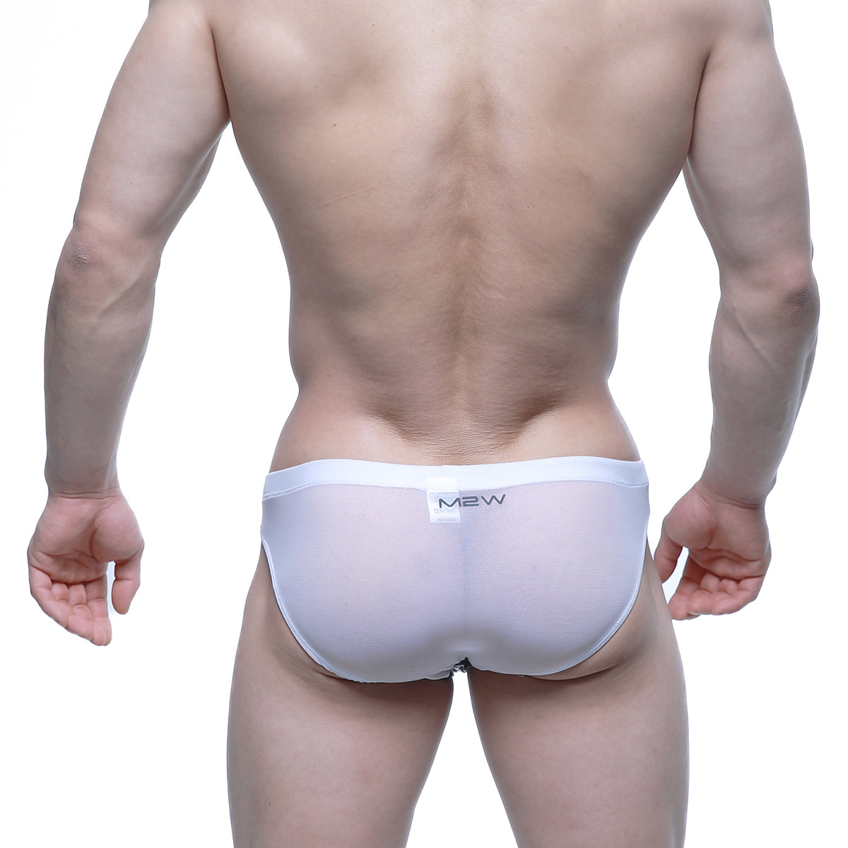 White sheer mesh briefs with black m2w logo on waistband from MetroMaleWear Perro Bikini 5103-M56 collection