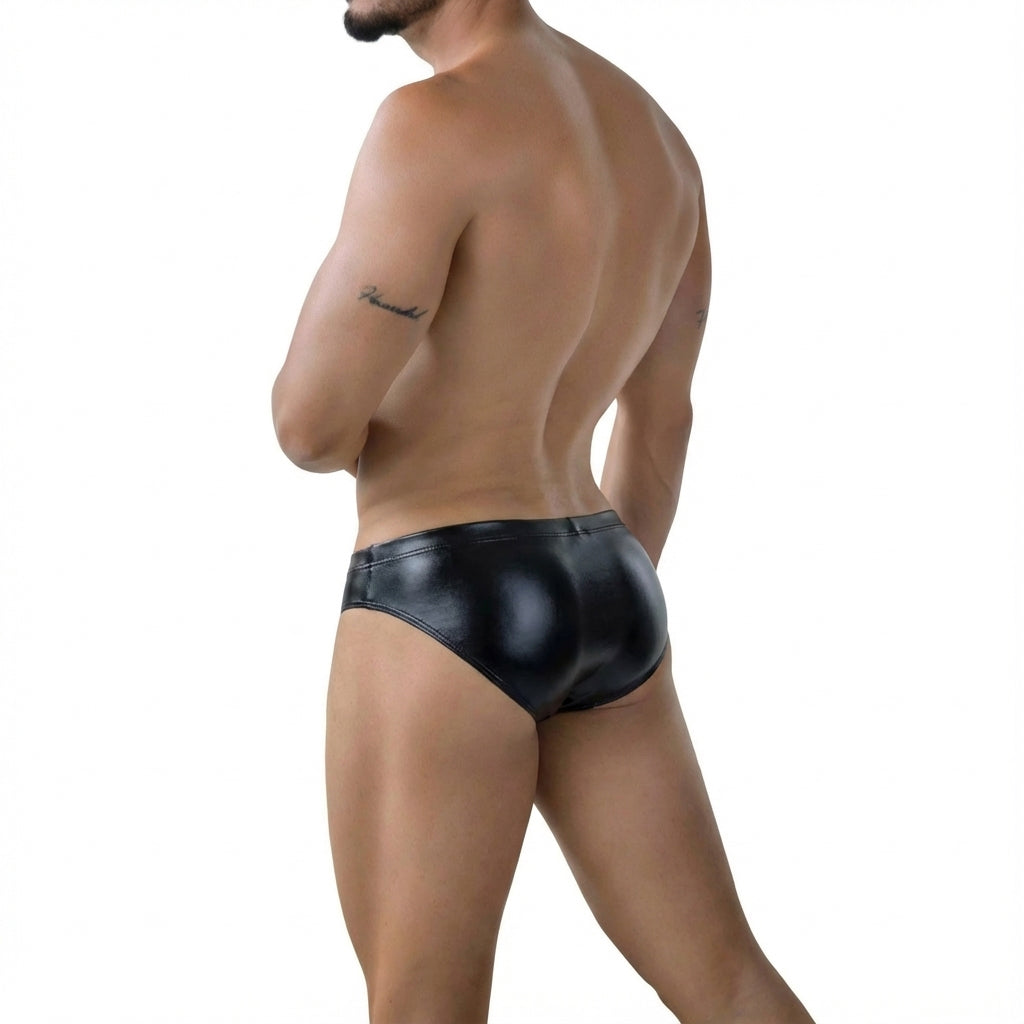 Black shiny faux leather briefs metroMalewear liquid bikini 5103-M82 front view with sleek glossy finish