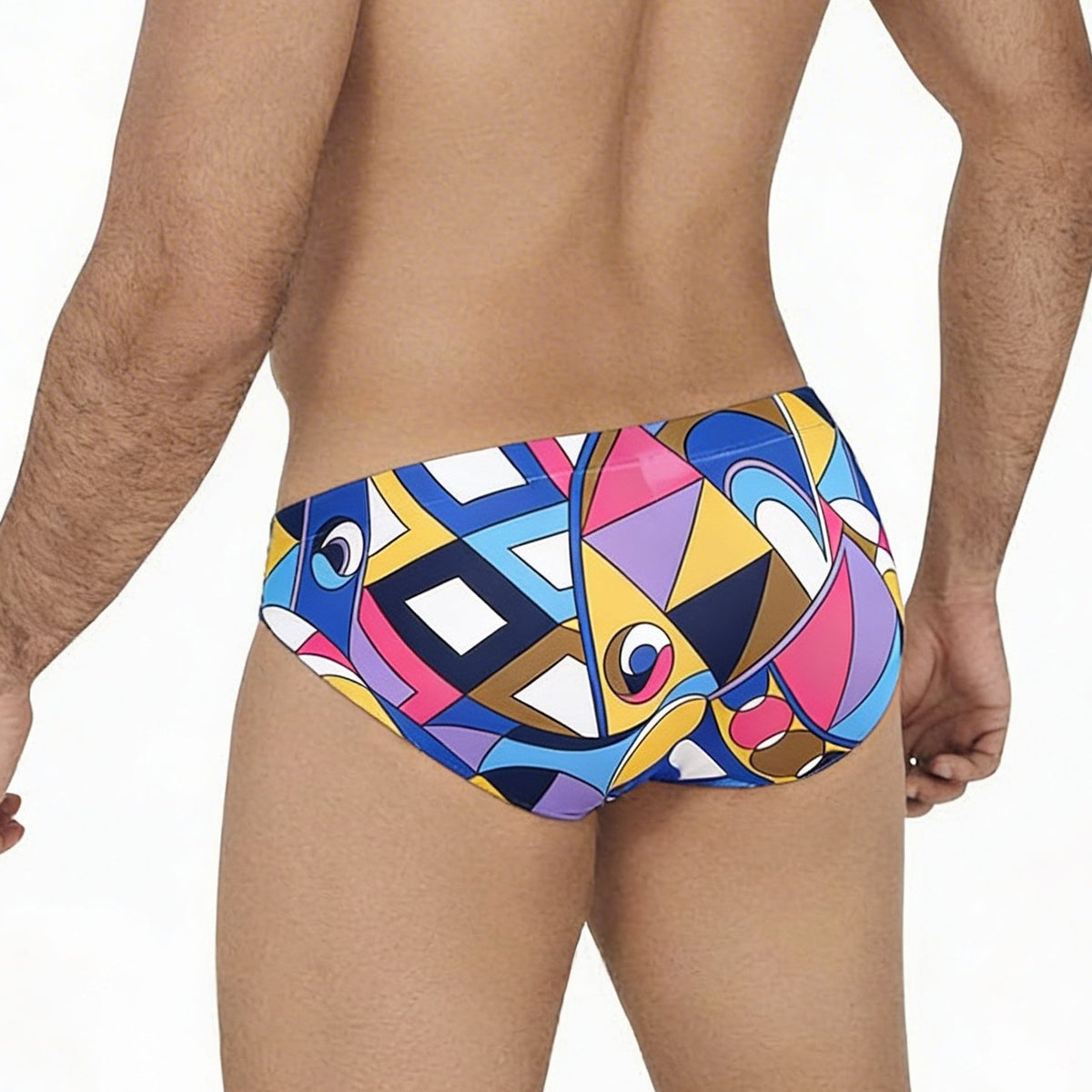 MetroMaleWear Picasso Bikini 5103-M87 vibrant geometric swim trunks in bold blues pinks yellows and purples