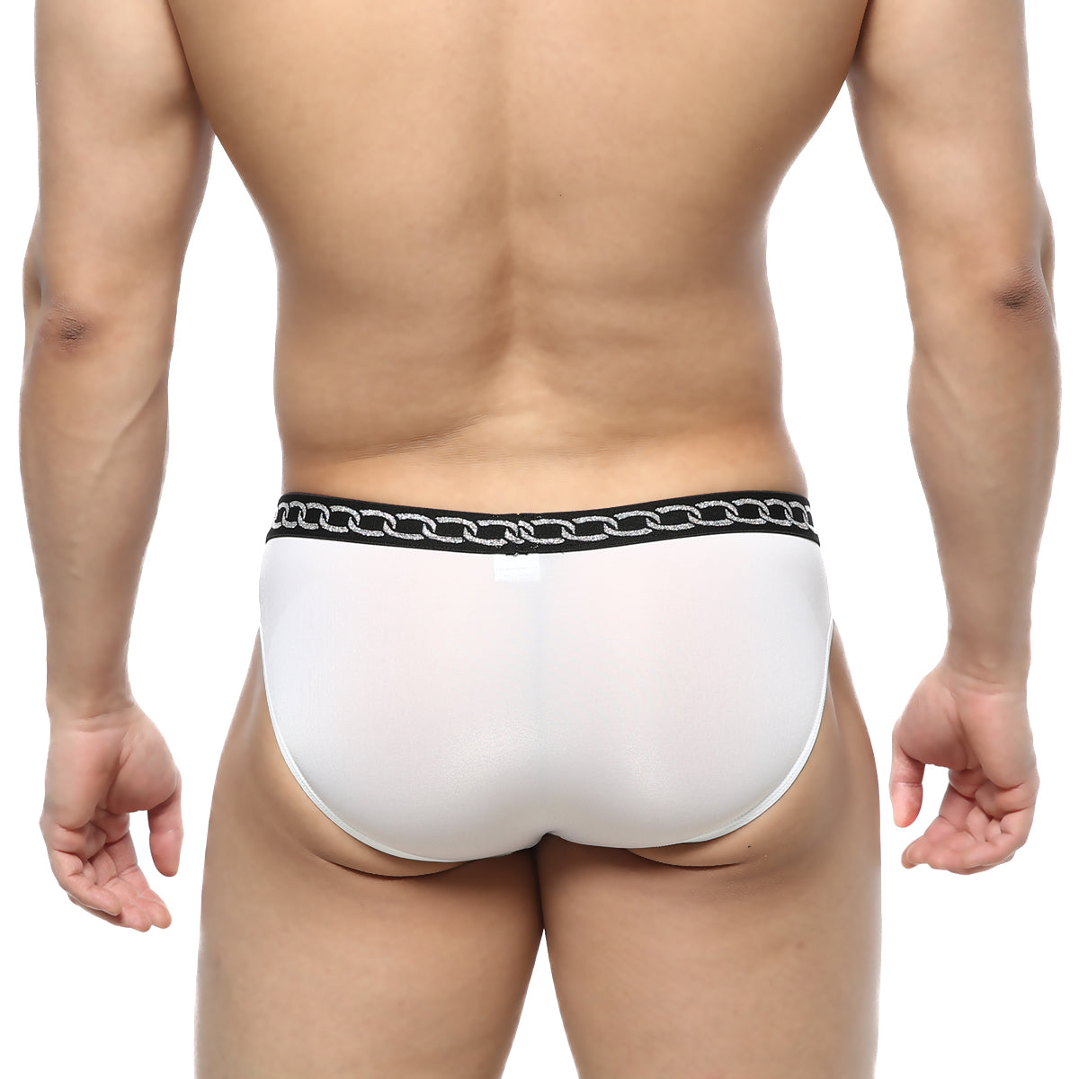 MetroMaleWear rhapsody bikini white 5105-01 men’s briefs with a black waistband and silver chain pattern