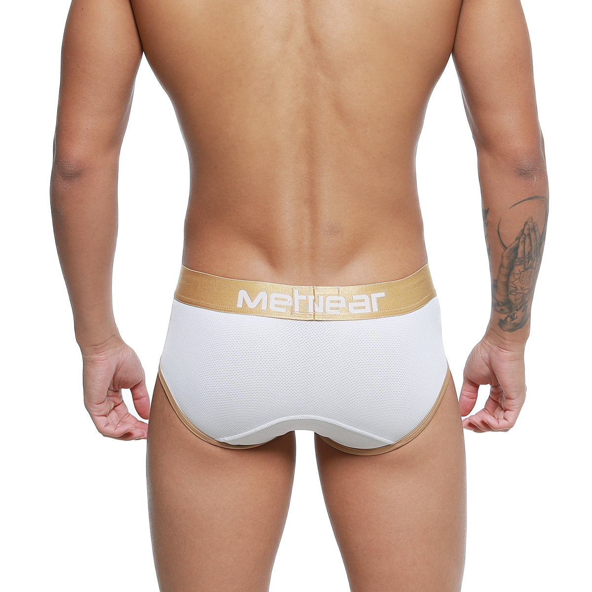 White metwear briefs with gold waistband and trim metroMaleWear cairo brief 5106-00 front view