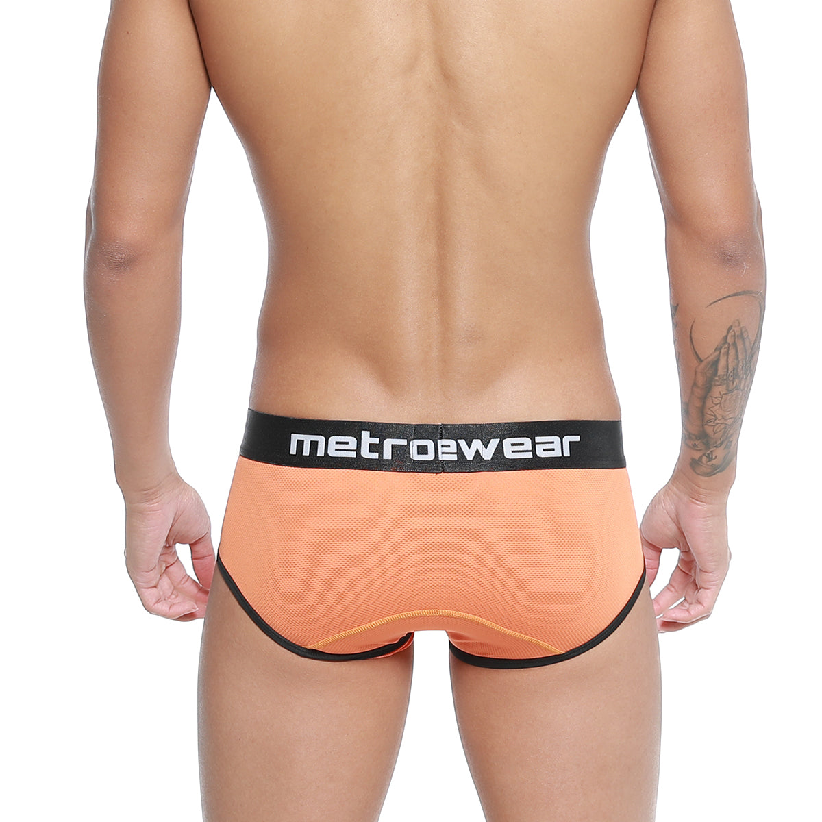 MetroMalewear cairo brief orange mesh briefs with black elastic waistband and trim featuring metrowear branding