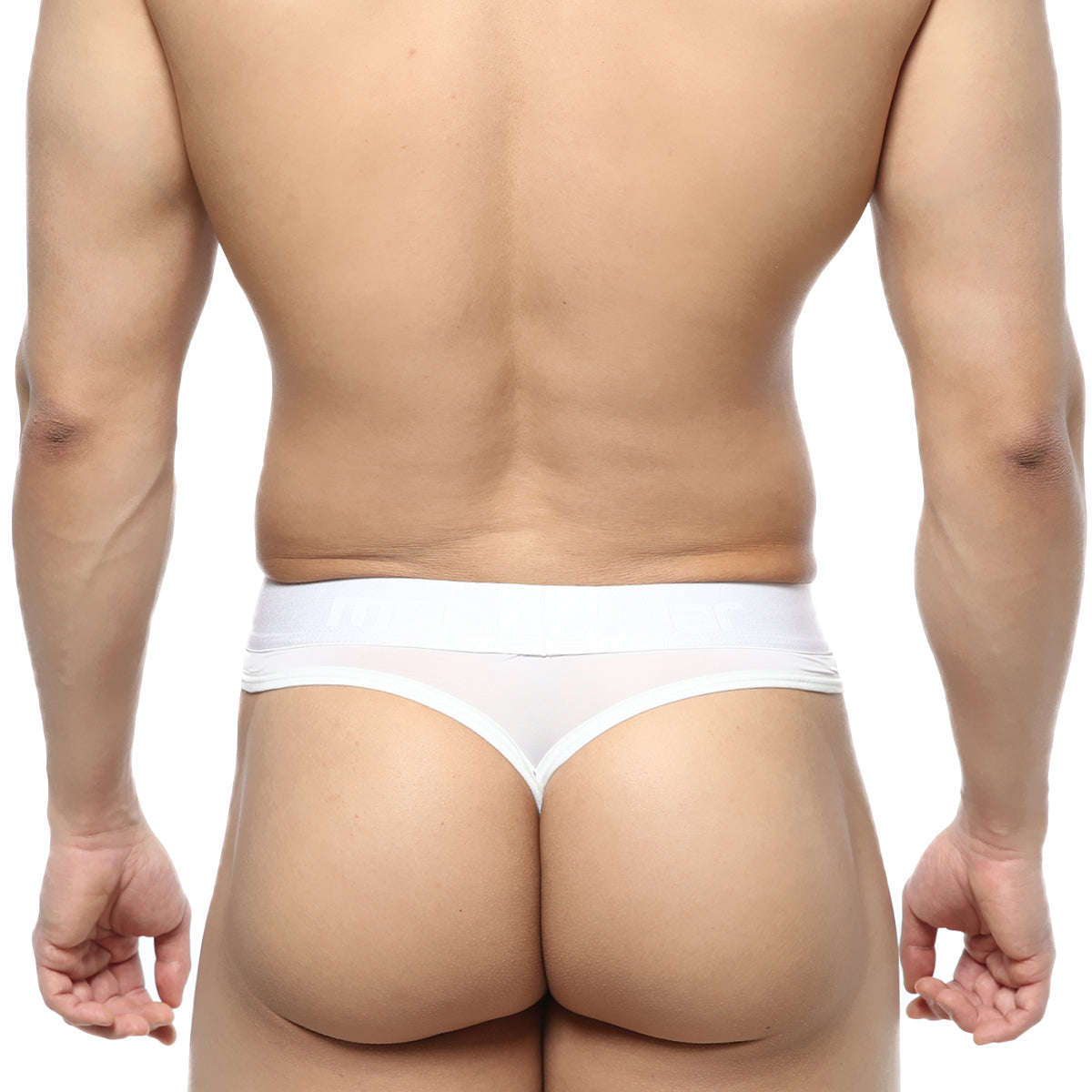 White sheer thong underwear with solid white waistband from metromalewear prado thong white 5122-00 front view