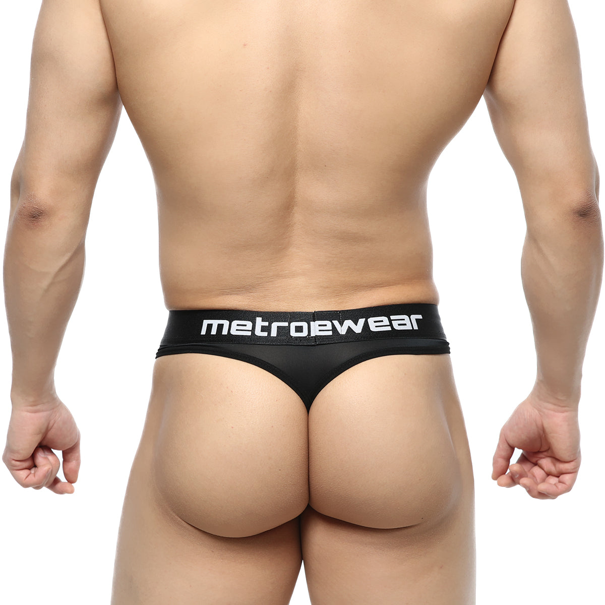Black metrowear prado thong with sleek minimalist design and white branding on waistband front display