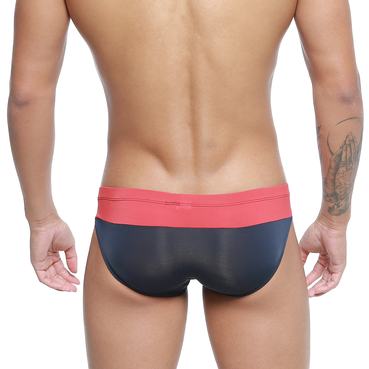 Black and coral-colored sleek form-fitting swim trunks by MetroMaleWear Colina Bikini red 5144-12 for men