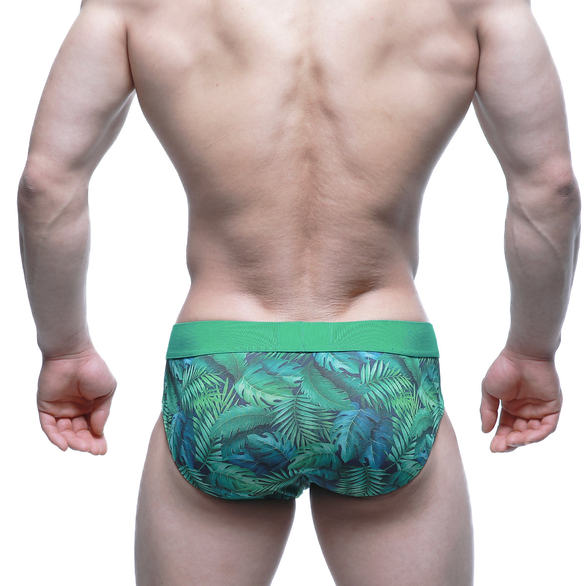 MetroMaleWear Celva Brief 5203-17 green tropical leaf patterned men’s briefs with solid green waistband