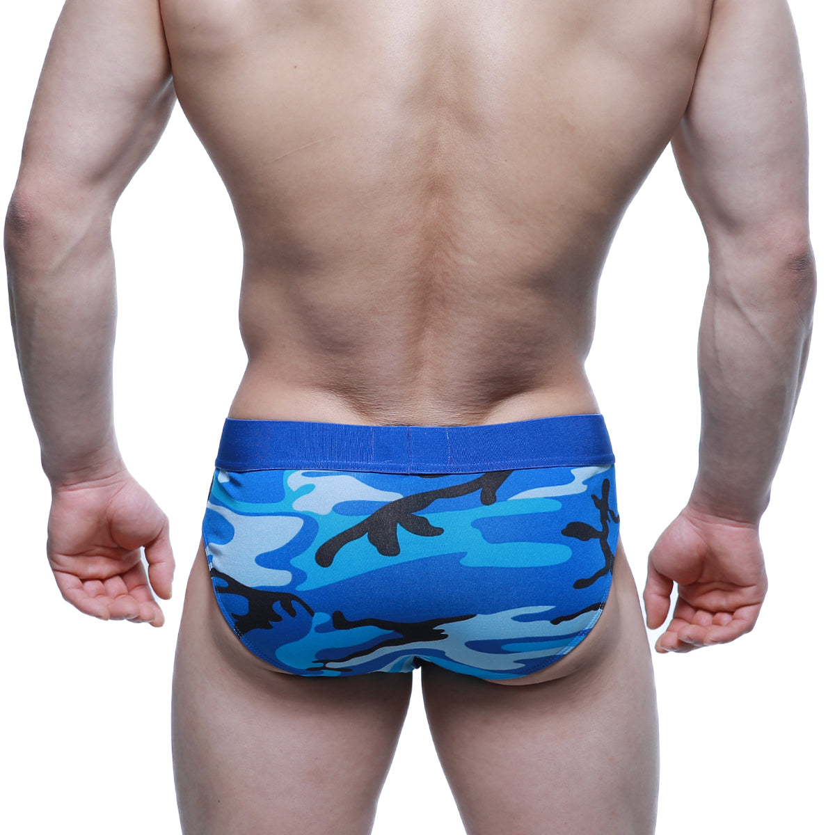 MetroMaleWear camouflage brief 5203-18 in blue and black pattern with solid blue elastic waistband for men