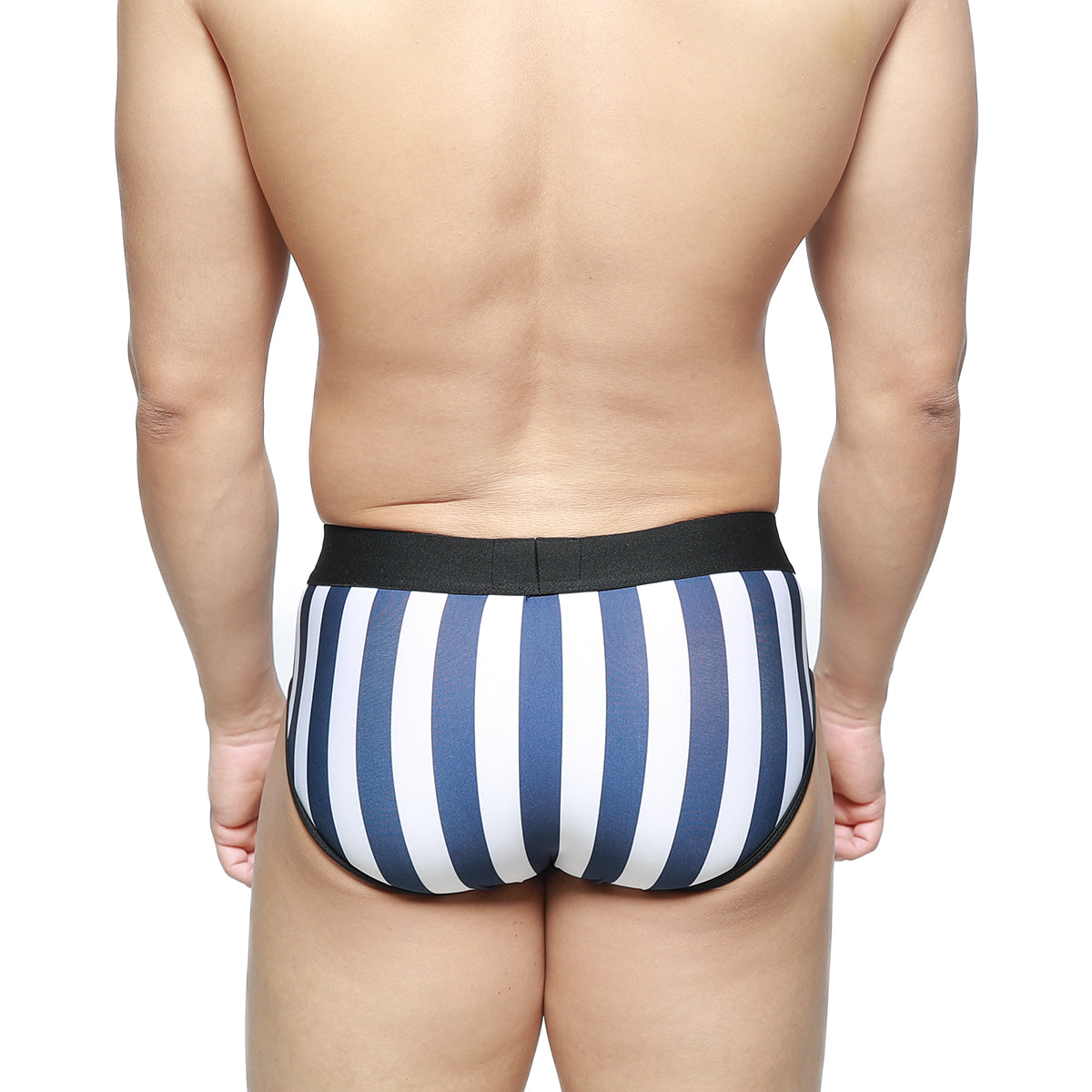 MetroMaleWear Sencillo brief with blue and white stripes and black elastic waistband for comfortable daily wear