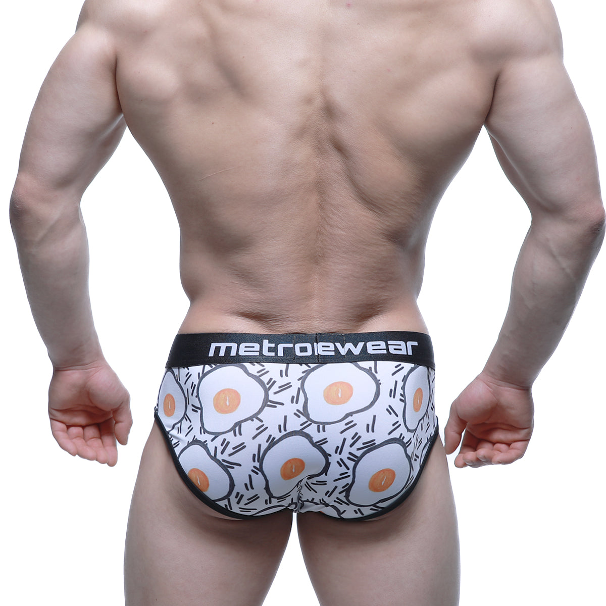 White briefs with playful orange and black fried egg pattern and metroewear branded waistband metroMaleWear Sunny Side Brief 5203-64