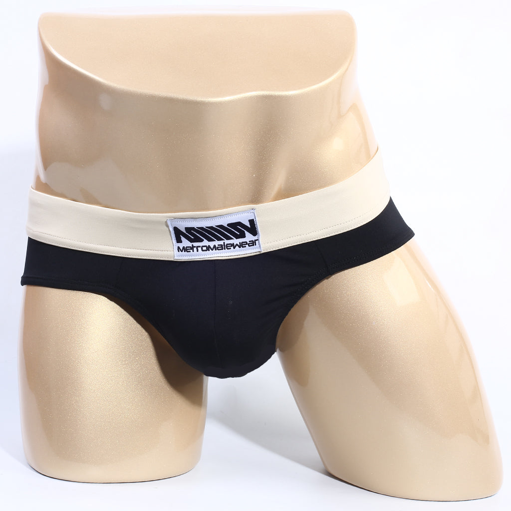 Black metro male wear deportivo brief with cream waistband and midn metromalewear logo in cotton blend fabric