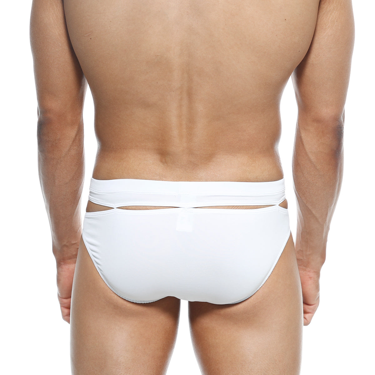 MetroMaleWear Concepcion brief white swim trunks with sleek minimalist design and cut-out waistband detailing