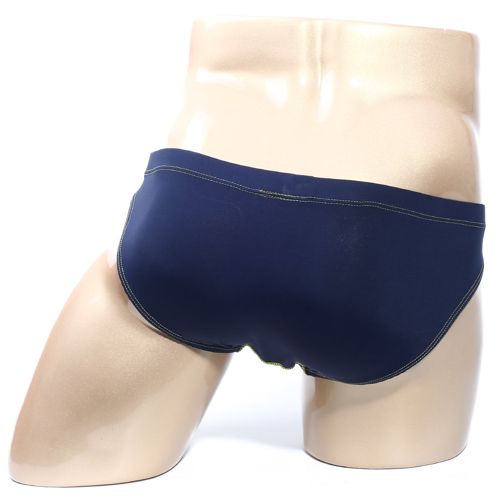 Navy blue MetroMaleWear NUCLEO bikini briefs with contrasting light green stitching for comfortable wear