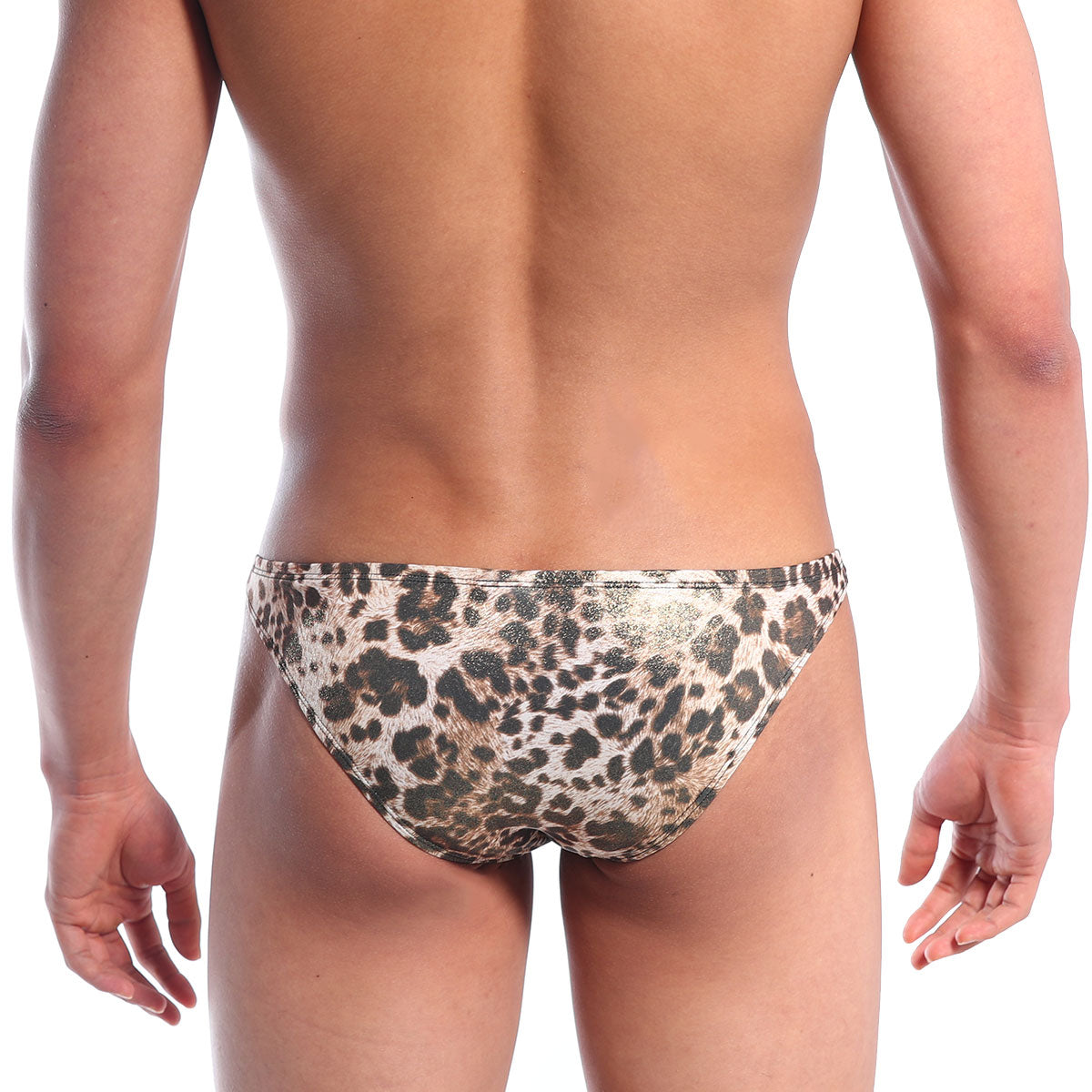 Metromalewear metallic leopard gold bikini swim trunks with shiny metallic finish for men