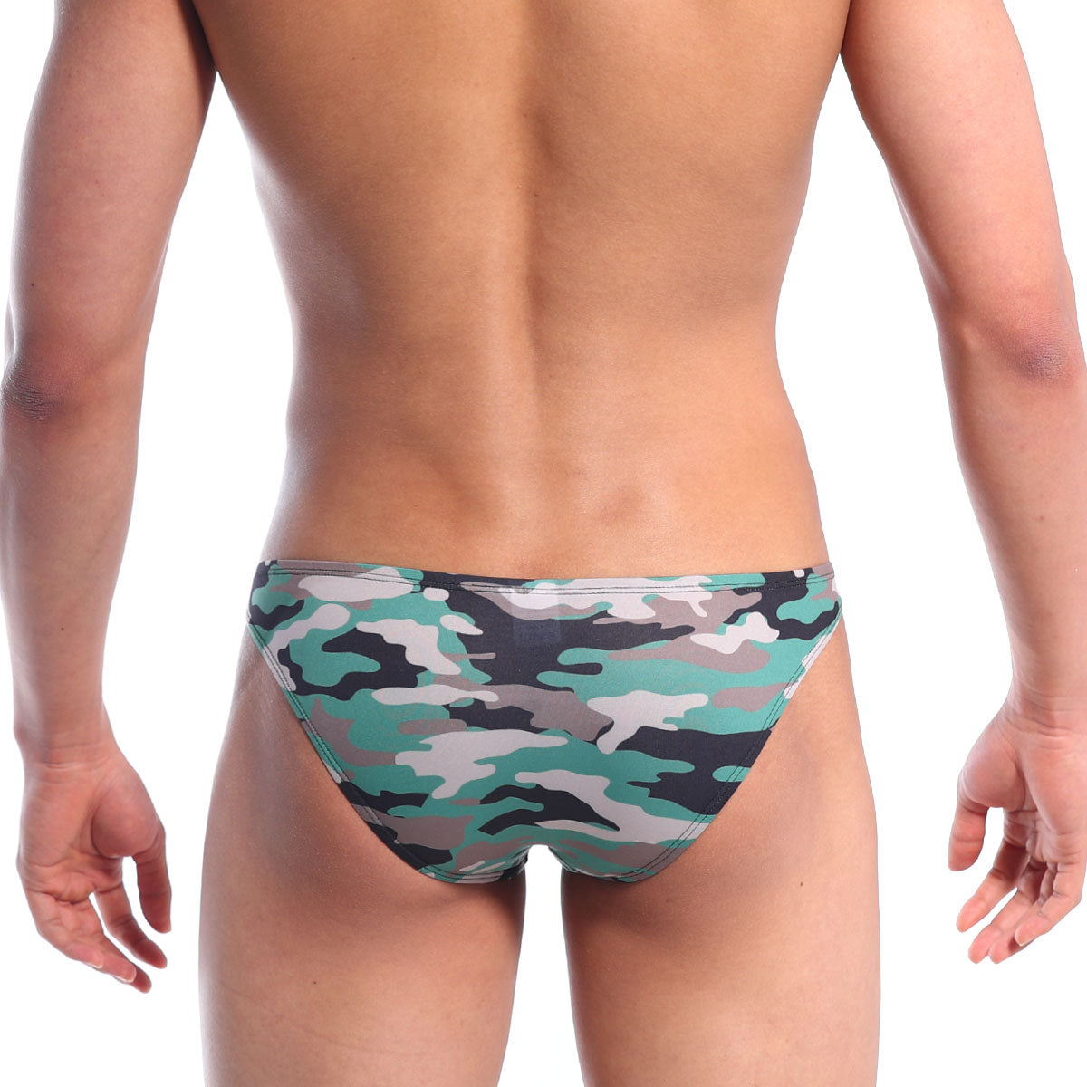 MetroMaleWear slim hip bikini swim trunks in green gray and black camouflage pattern for stylish beachwear