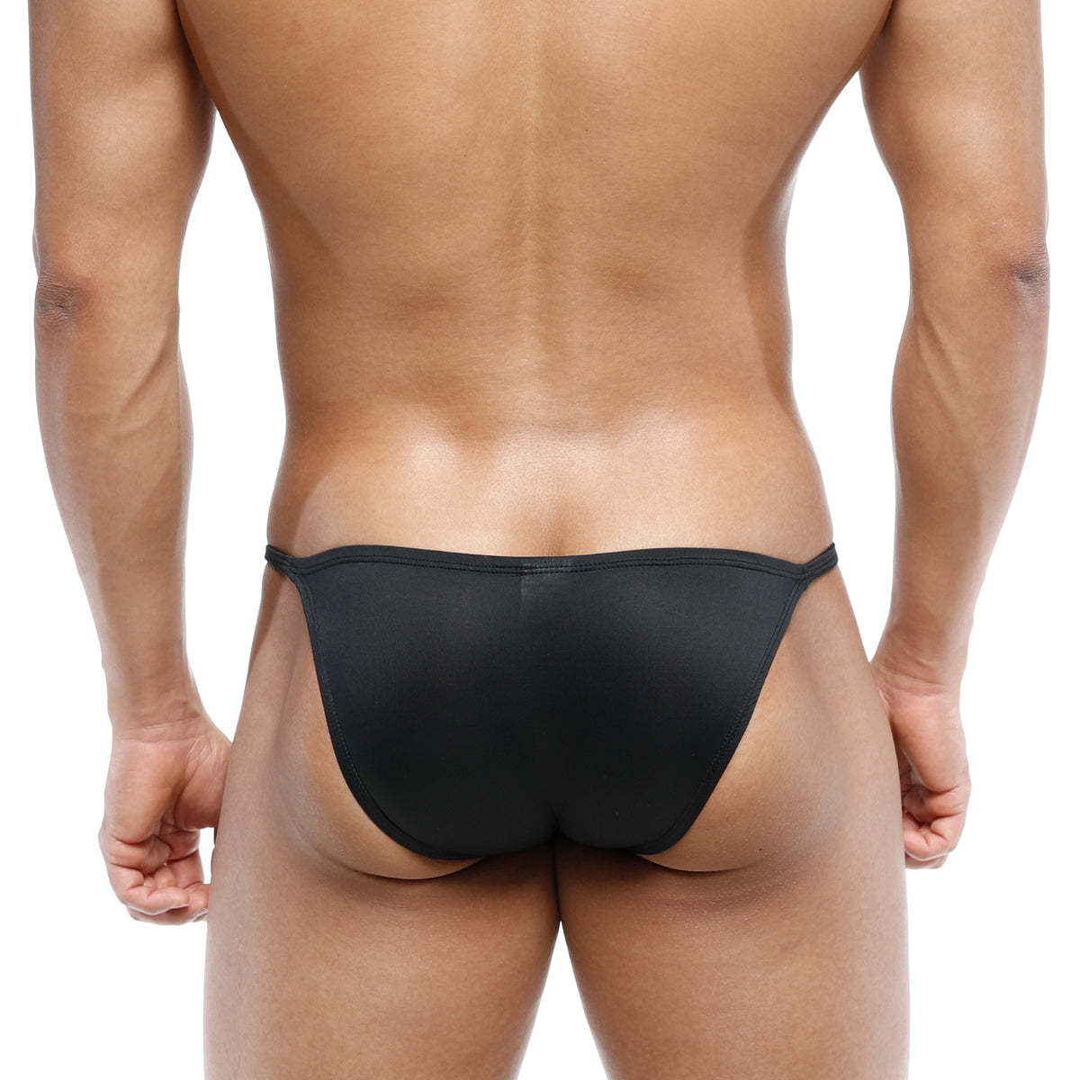 Black form-fitting thong bikini made of smooth stretchy fabric by MetroMaleWear model romantic bikini 6008-20 back view