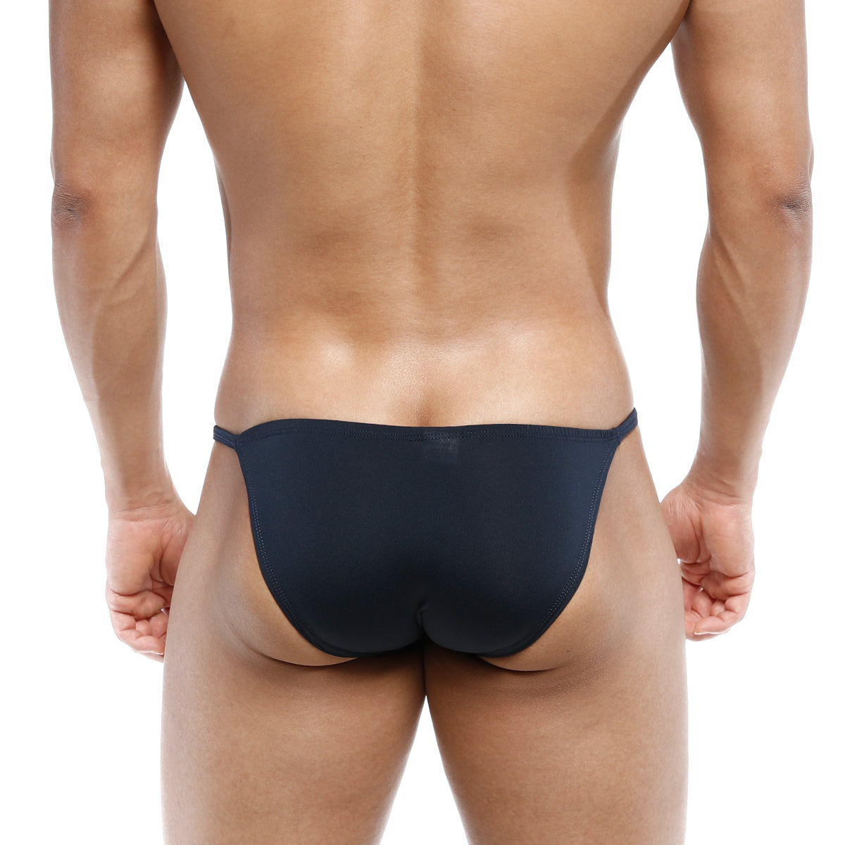 Black form-fitting thong made of smooth stretchy fabric from MetroMaleWear romantic bikini navy 6008-28 back view