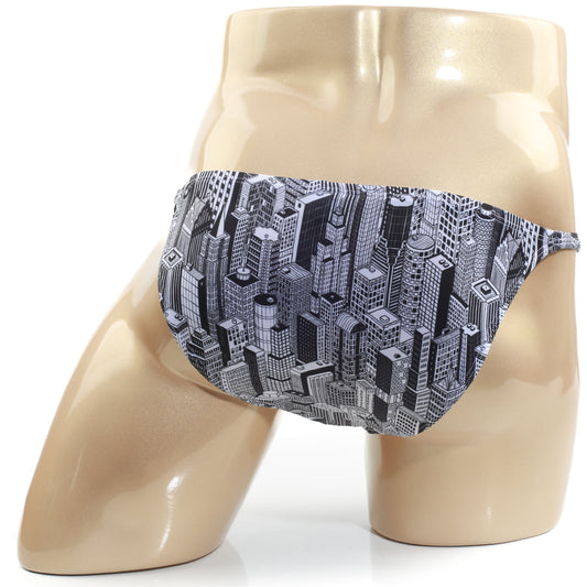 Metro malewear romantic bikini skyscraper 6008-48 black and white illustrated cityscape patterned swim trunks